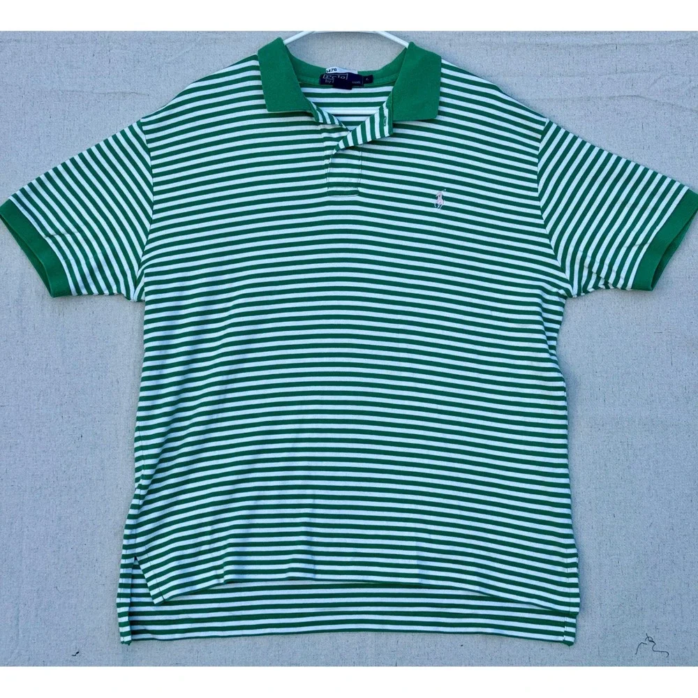 Polo Ralph Lauren Mens Green White Striped Short Sleeve Polo Shirt L Pink Pony